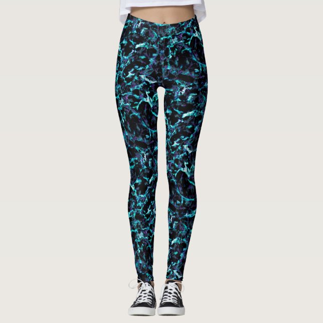 Leggings Noir Violet & Bleu Aqua Électrique Choquant (Devant)