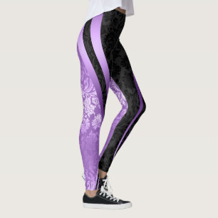 Leggings Noir & Violet Floral Damas Conception géométrique