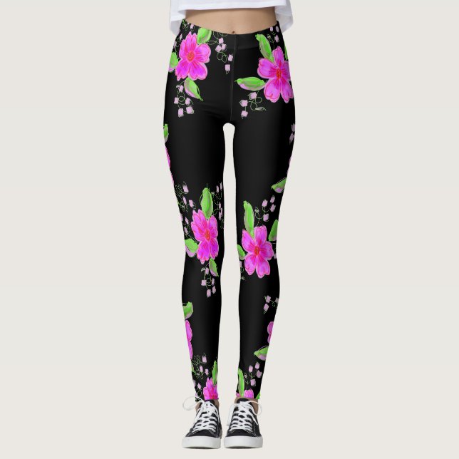 Leggings Noirs Élégants Avec Fleurs Roses (Devant)
