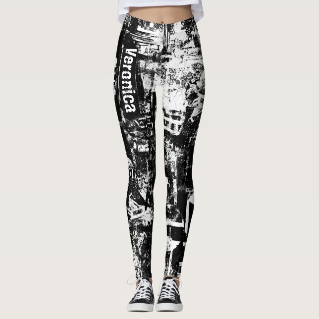 Leggings noirs et blancs avec Graffiti Art imprimé (Devant)