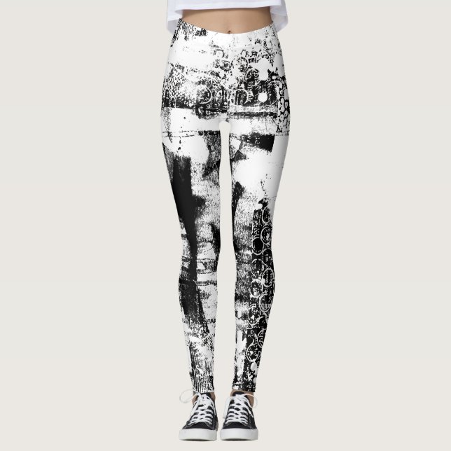 Leggings noirs et blancs avec Graffiti Art imprimé (Devant)
