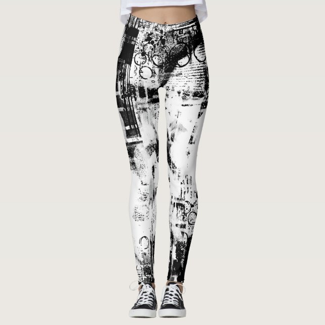 Leggings noirs et blancs avec Graffiti Art imprimé (Devant)