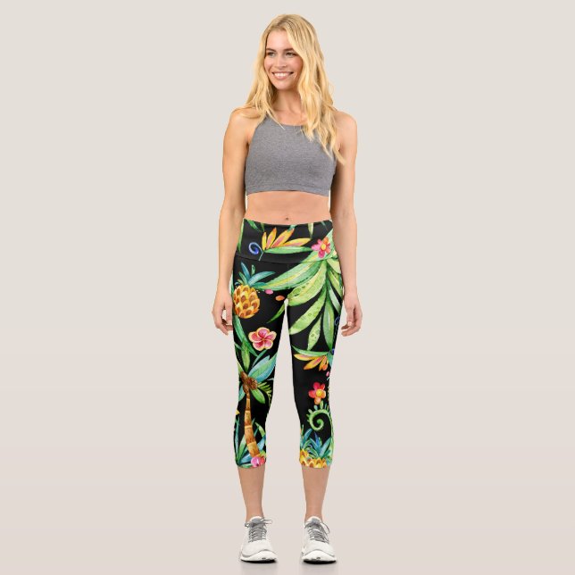 Leggings noirs exotiques tropicaux floraux (Recto)