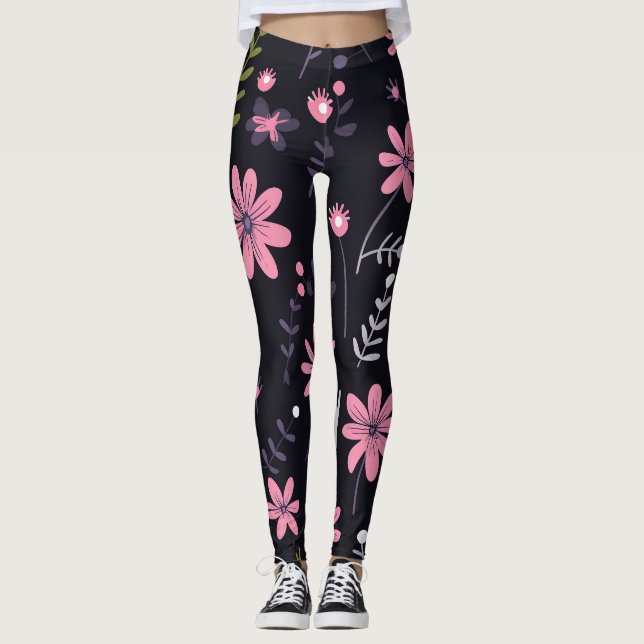 Leggings noirs pour femmes avec imprimé floral ros (Devant)