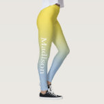 Leggings Nom élégant sur dégradé jaune à bleu clair<br><div class="desc">Le dégradé jaune-clair à bleu clair comporte un nom personnalisé dans une police serif blanche stylée descendant vers l'extérieur de la jambe droite. Personnalisez-le avec votre nom dans la barre latérale et ajoutez un aspect moderne et coloré à votre garde-robe. Pour voir le design chic ombré sur d'autres objets, cliquez...</div>
