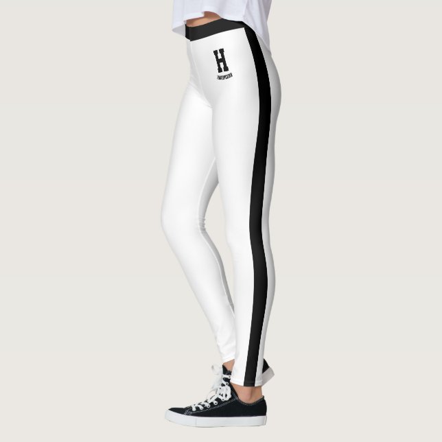 Leggings Nom personnalisé blanc monogramme rayures noires (Gauche)