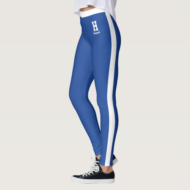 Leggings Nom personnalisé blanc rayures bleu royal monogram (Gauche)