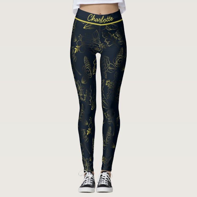 Leggings Nom personnalisé de motif floral dégradé d'or (Devant)