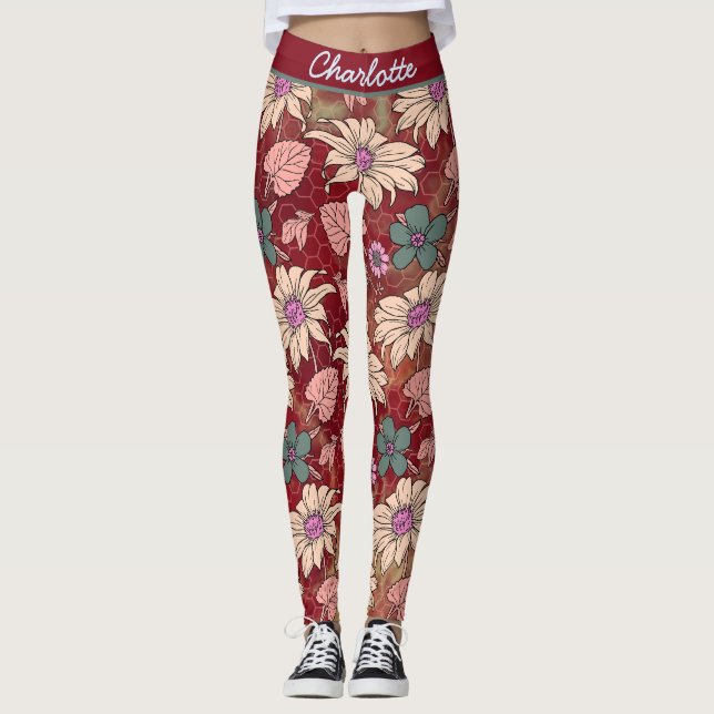 Leggings Nom personnalisé floral sans couture motif rouge (Devant)
