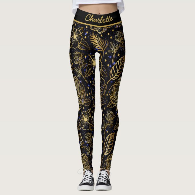 Leggings Nom personnalisé floral sans couture or motif (Devant)