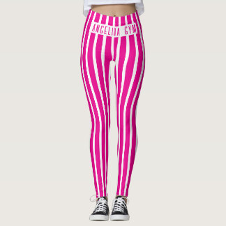 Leggings Nom personnalisé Gym Rose et Blanc Rayé Vertical