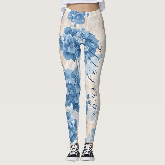 Leggings Nom personnalisé Hydrangea Bleu Botanique (Devant)