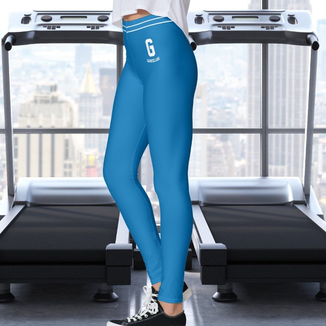Leggings Nom personnalisé Monogramme rayé bleu royal blanc (Créateur téléchargé)
