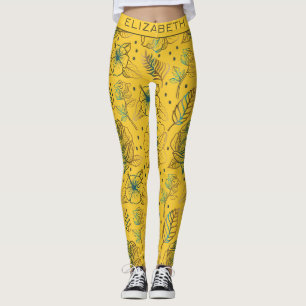Leggings Nom personnalisé motif floral jaune transparent