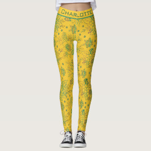 Leggings Nom personnalisé motif floral jaune transparent