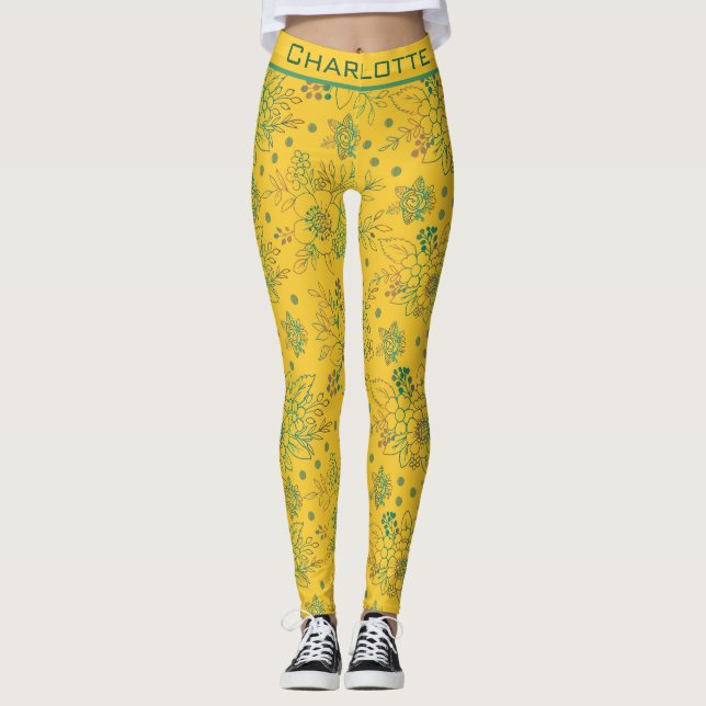 Leggings Nom personnalisé motif floral jaune transparent (Devant)