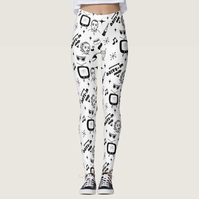 Leggings Nostalgique noir et blanc style pop art rétro (Devant)