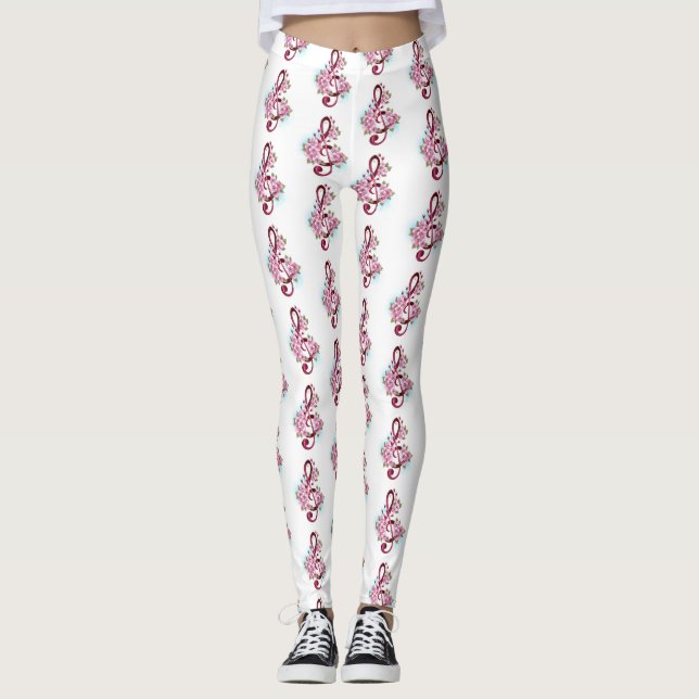 Leggings Notes de clef musicale en treble avec des fleurs S (Devant)