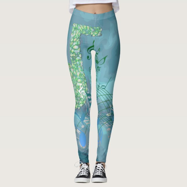 Leggings Notes de musique bleue et verte Abstraites (Devant)