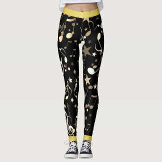 Leggings Notes musicales amusantes sur Black avec Faux Gold