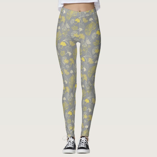 Leggings Novelty Ginkgo Grey et Yellow Motif (Devant)