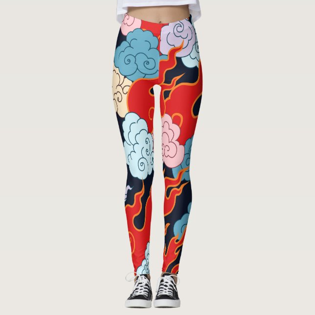 Leggings Nuages, flammes : Motif Vintage noir. (Devant)