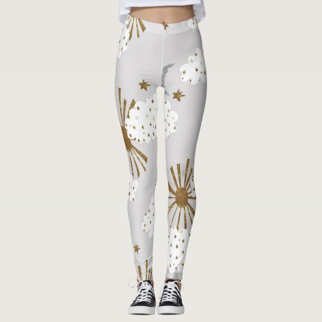 Leggings Nuages, soleil, lune, motif minimaliste. (Devant)