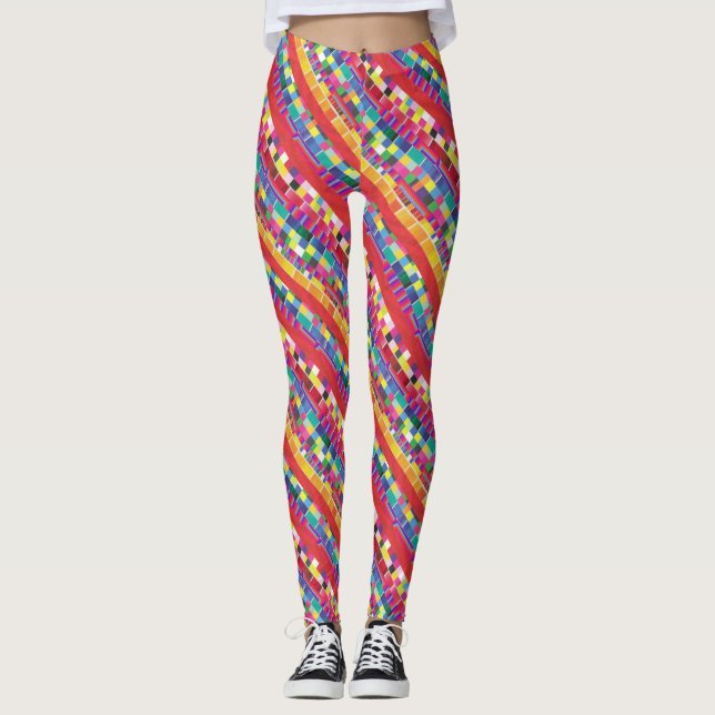 Leggings nuances rouges, bandes et pixels colorés (Devant)