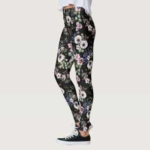 Leggings Nuit dans le jardin Floral noir blanc et rose 