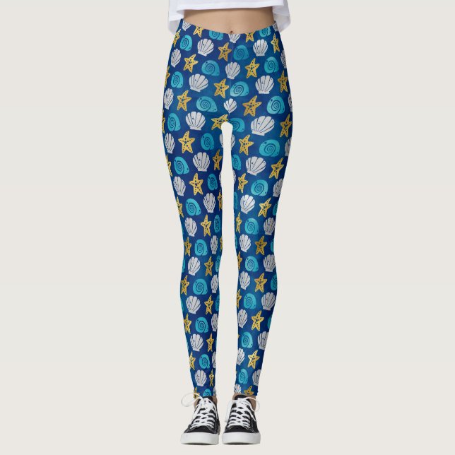 Leggings Ocean Beach Seashs Starfish Blue Yoga (Devant)