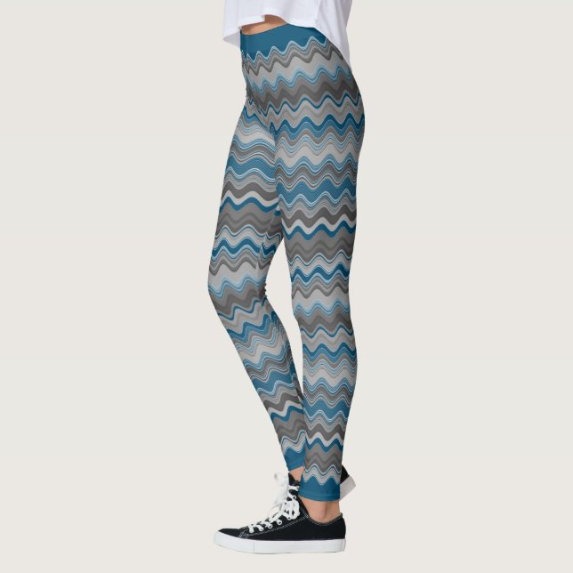Leggings Océan Bleu Argent Gris Gris Wavy Zigzag Motif (Gauche)
