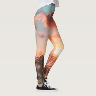 Leggings Océan Soleil couchant Palmier Arbre nuages orange 