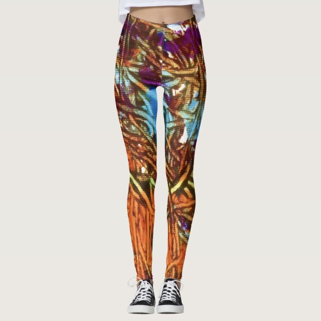 Leggings Œuvre d'art en marbre orange, vert, bleu, violet (Devant)