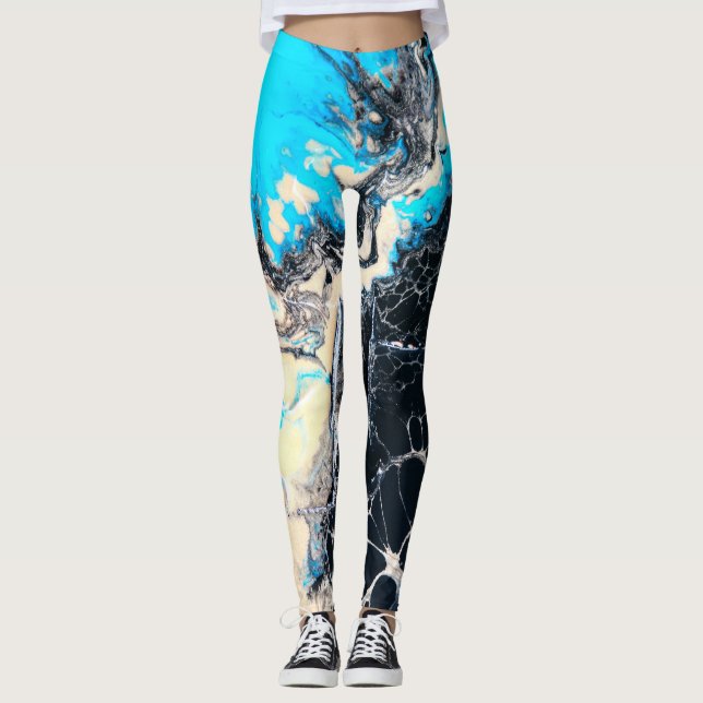 Leggings Oeuvre d'art liquide cyan et noire de peinture (Devant)