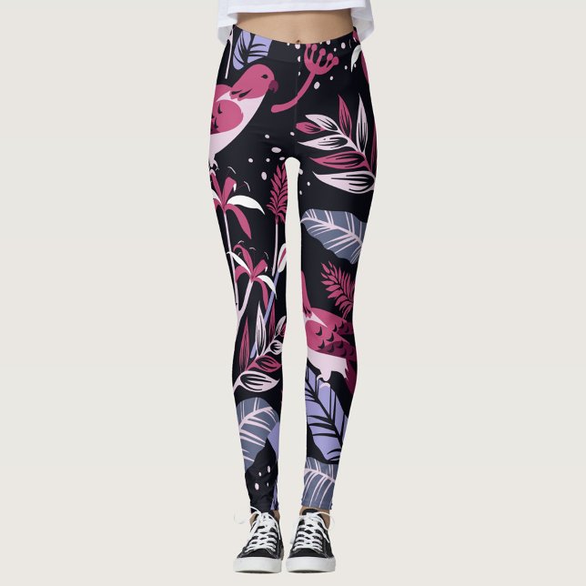 Leggings Oiseaux (Front: A pattern of tropical leaves and birds!)