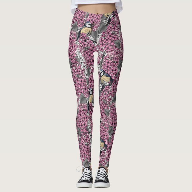 Leggings Oiseaux dans le jardin lilas rose (Devant)