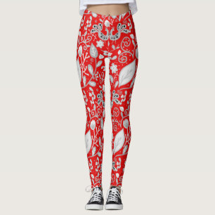 Leggings Oiseaux d'art populaire scandinave Rouge Blanc