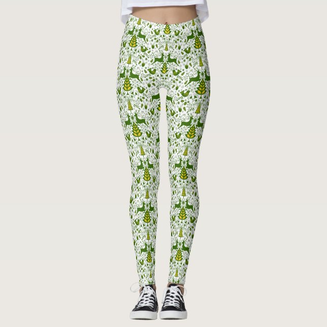 Leggings Oiseaux de cerfs en fleurs de Noël or (Devant)
