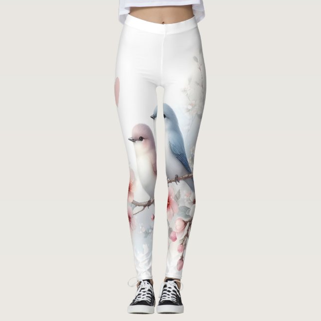 Leggings Oiseaux de l'amour romantique Branche de fleurs de (Devant)