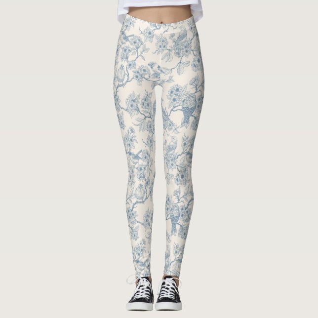 Leggings Oiseaux et fleurs de cerisier en bleu et blanc cas (Devant)