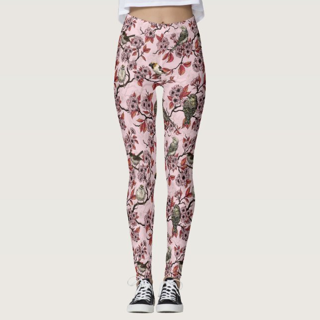 Leggings Oiseaux et fleurs de cerisier sur fond rose (Devant)
