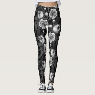 Leggings Oiseaux et fleurs de pivoines monochromes, gris