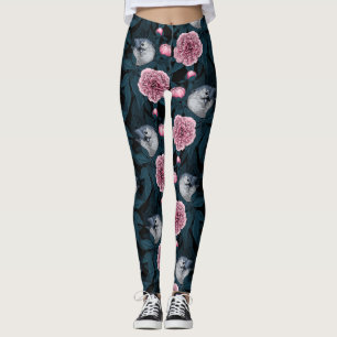 Leggings Oiseaux et fleurs de pivoines roses avec feuille