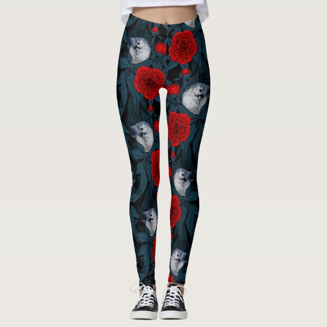 Leggings Oiseaux et fleurs de pivoines rouges avec feuilles (Devant)