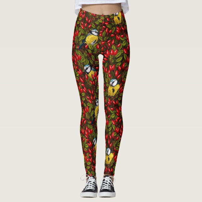 Leggings Oiseaux et hanches roses de chien, vert et rouge (Devant)
