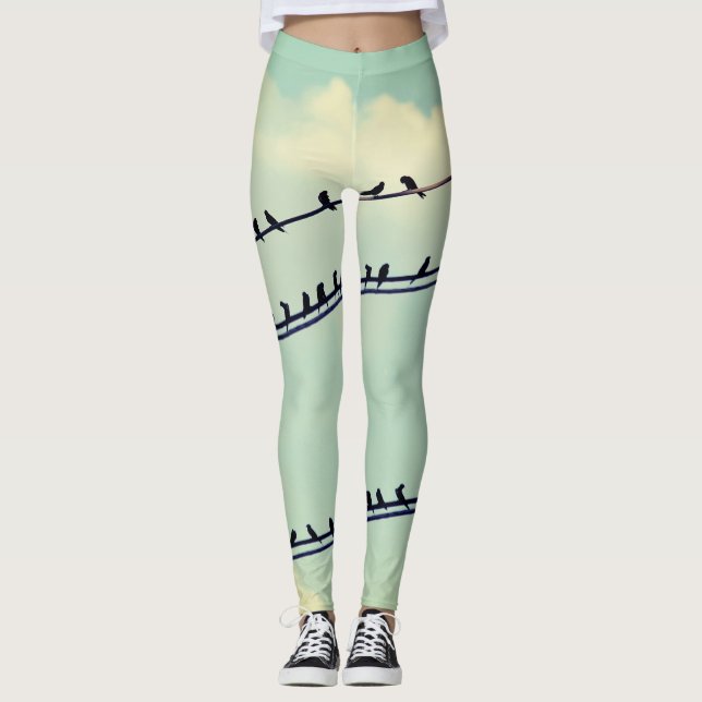 Leggings Oiseaux sur fil, ciel bleu vintage. (Devant)
