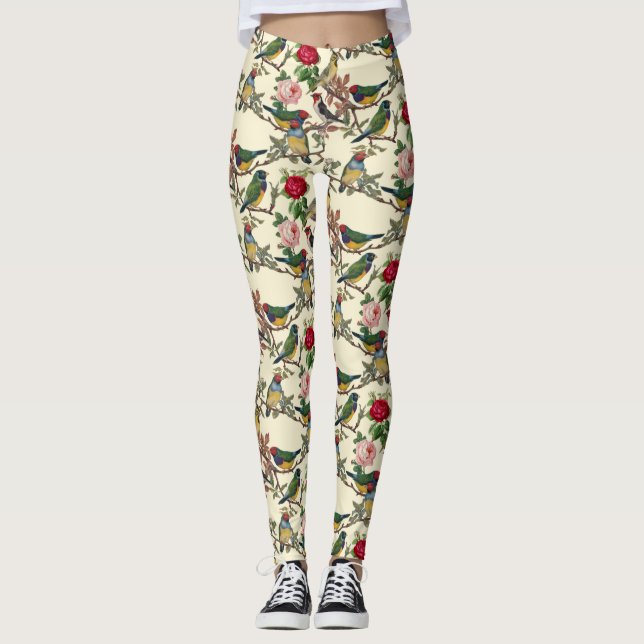 Leggings Oiseaux victoriens et Scrapbook Rose Retro (Devant)