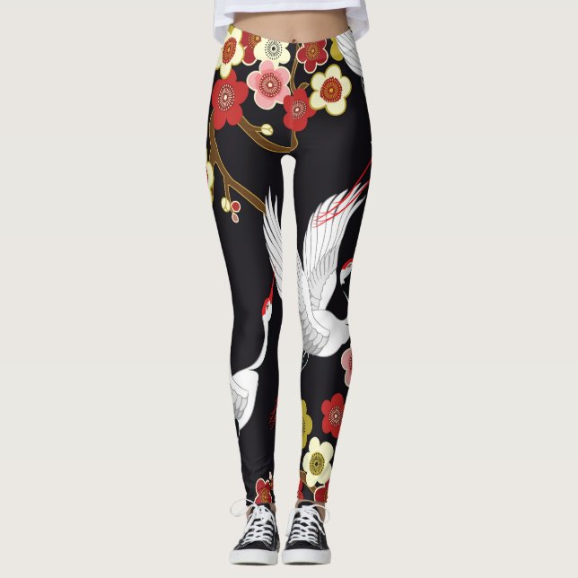 Leggings Oiseaux volants : Heron de grue japonais. (Devant)