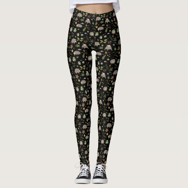 Leggings Opossums dans un champ de baies en noir (Devant)