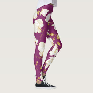 Leggings Or, blanc & magenta élégant orchidée floral modern